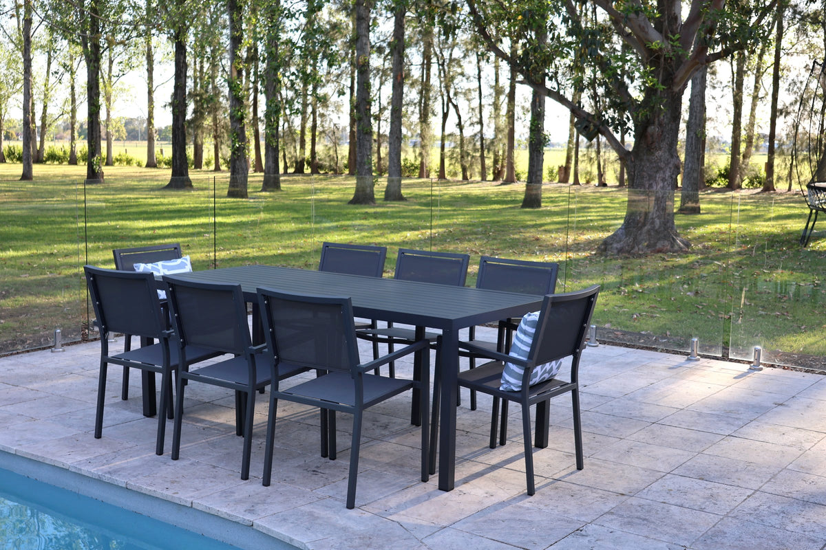 Noosa Dining Table 200 x 90cm - Gunmetal shown with matching Noosa dining chairs - view 3
