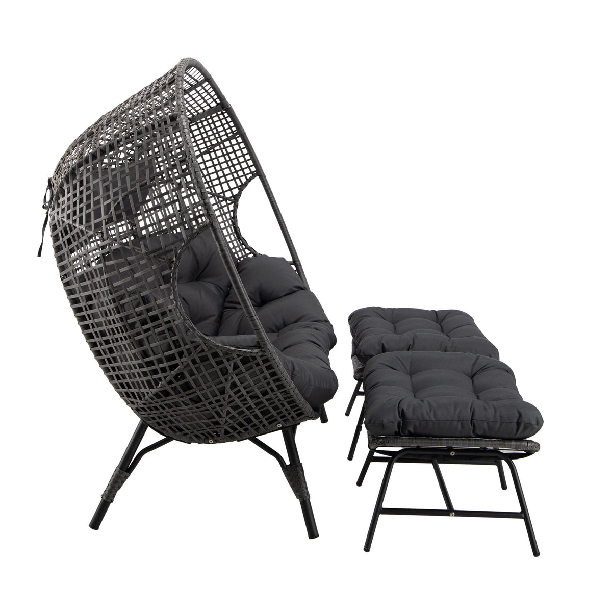 Avoca Double Egg Lounge Charcoal – side profile of charcoal double wicker egg lounge and ottomans