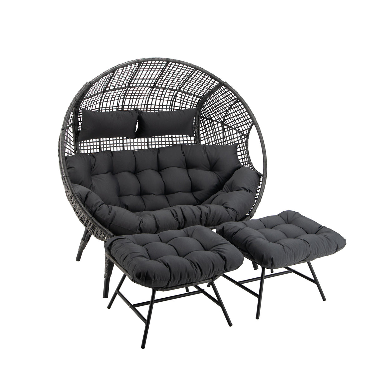Avoca Double Egg Lounge Charcoal – angled view of charcoal double wicker egg lounge and two ottomans