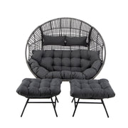 Avoca Double Egg Lounge Charcoal – front view of charcoal double wicker egg lounge with two matching ottomans