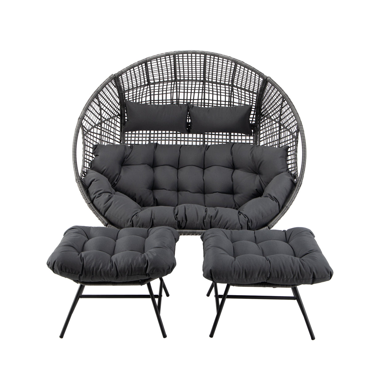 Avoca Double Egg Lounge Charcoal – front view of charcoal double wicker egg lounge with two matching ottomans